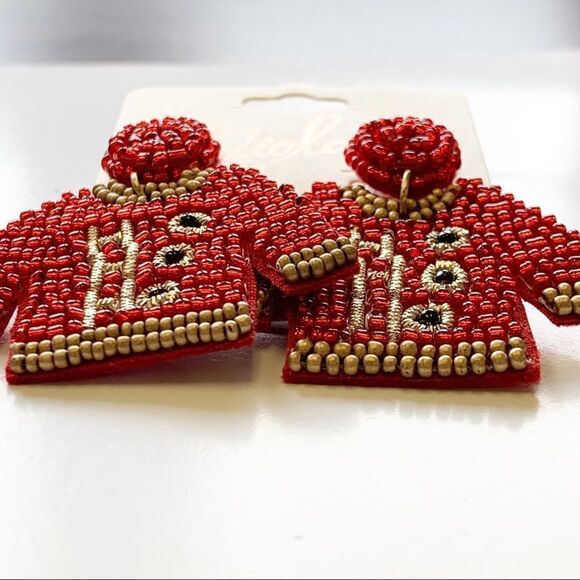Red and Gold Boho Seed Beaded Ho Ho Ho Ugly Christmas Sweater Earrings - Picture 3 of 10
